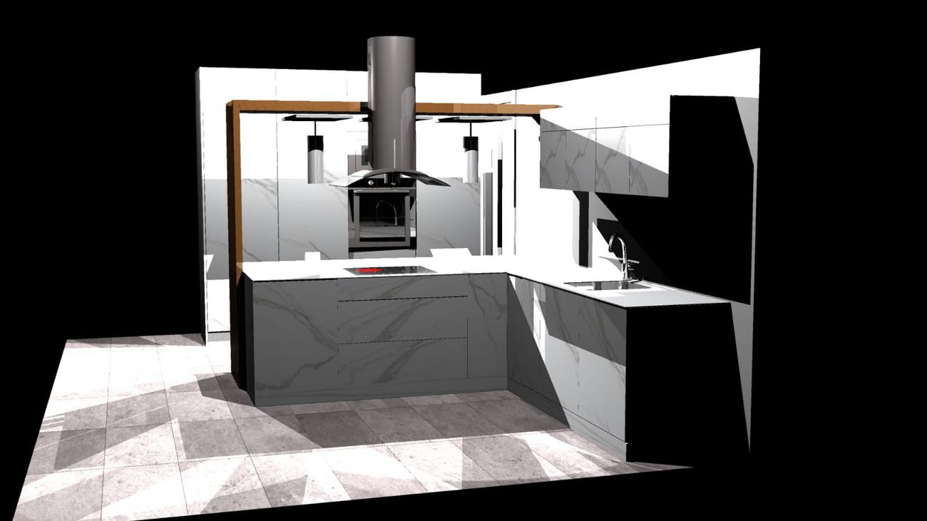 3D render of a kitchen bar with four stools and vertical wood slats