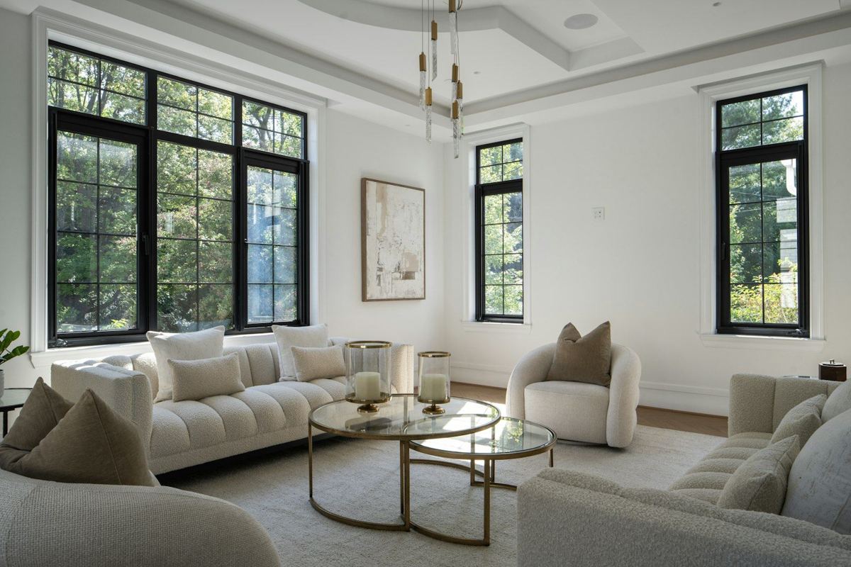 Bright living room with tray ceiling, black-framed windows and neutral furnishings